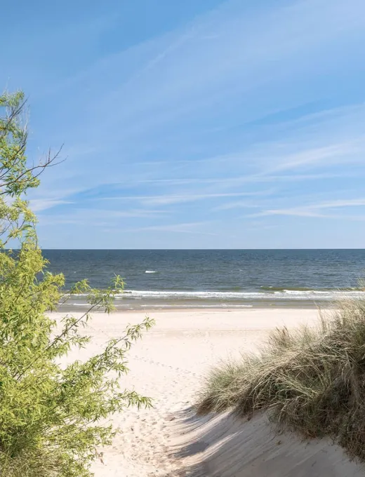 Strandaufgang durch Dünen auf Usedom, ruhiges Meer im Hintergrund.