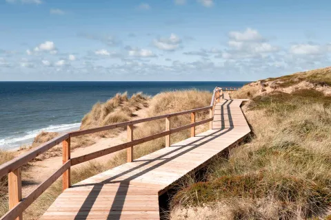 Holzsteg durch die Dünen in Kampen auf Sylt, ideal als Lauf- und Wanderstrecke mit Blick auf die Nordsee