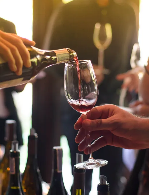 Person schenkt Rotwein in ein Glas bei einer Weinverkostung ein, Flaschen und Gäste im Hintergrund.