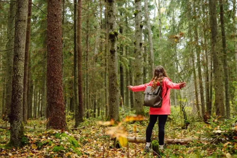 Eine Frau in gelber Jacke steht mit ausgestreckten Armen im Wald und nimmt die Natur beim Waldbaden bewusst wahr.