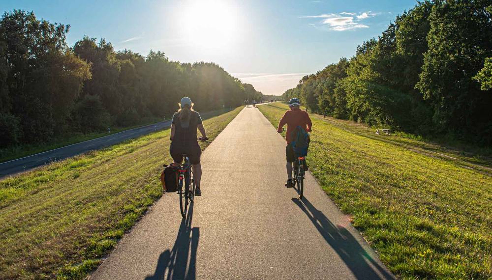Zwei Fahrradfahrer fahren auf dem Deich von Fischland-Darß-Zingst und genießen die Natur.